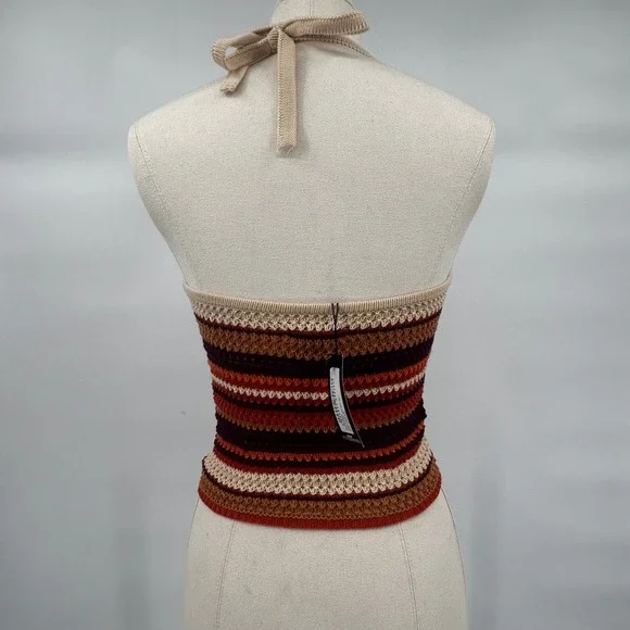 PRETTYLITTLETHING Striped Crochet Halter Neck Crop Top Multi XS - Picture 6 of 8